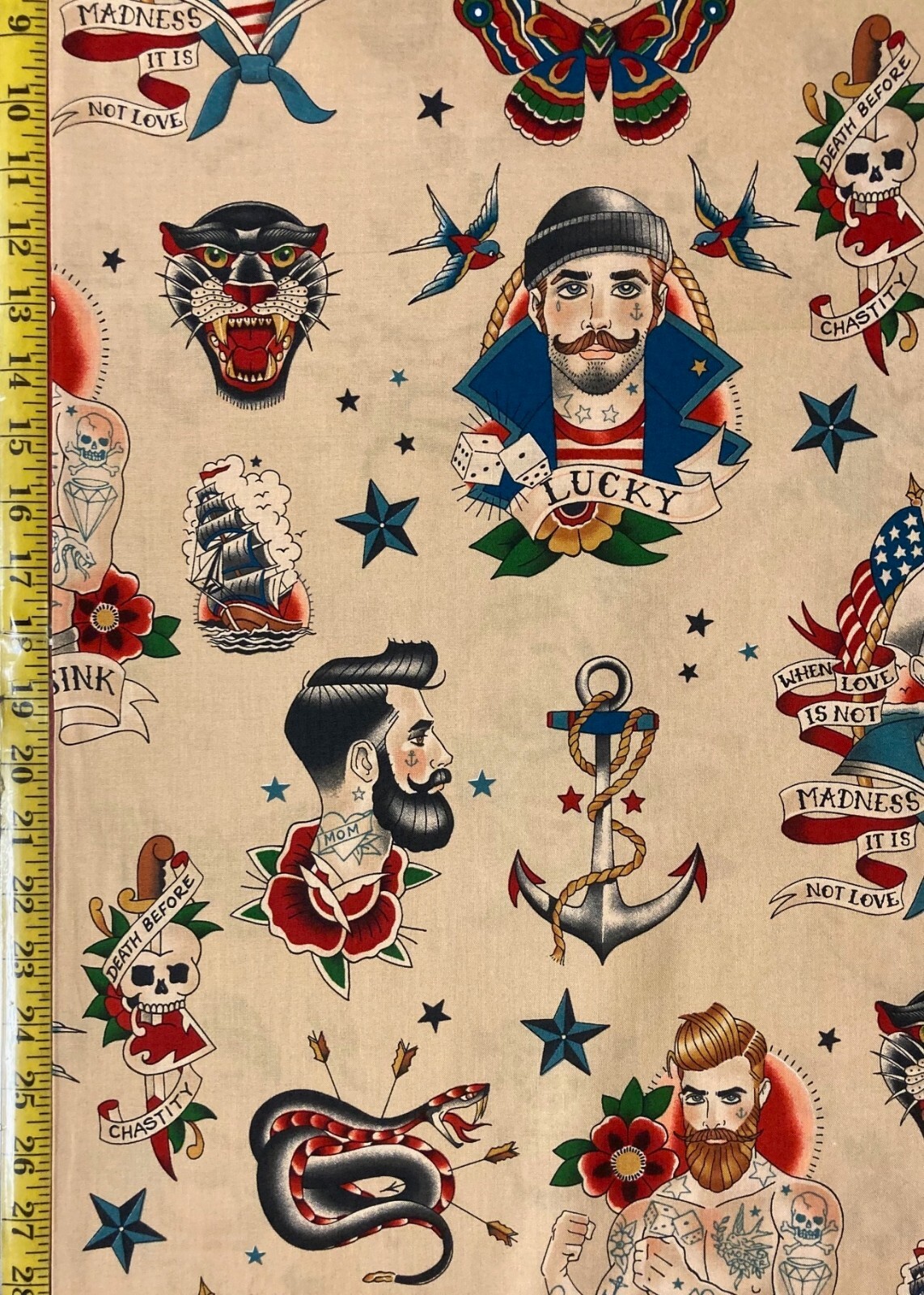 Anchors Away Tea Black Alexander Henry Fabric Nautical Sailor Tattoo