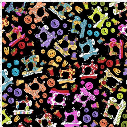 Loralie Harris Sew Curious Machine Button Thread Black Cotton Fabric By The Yard