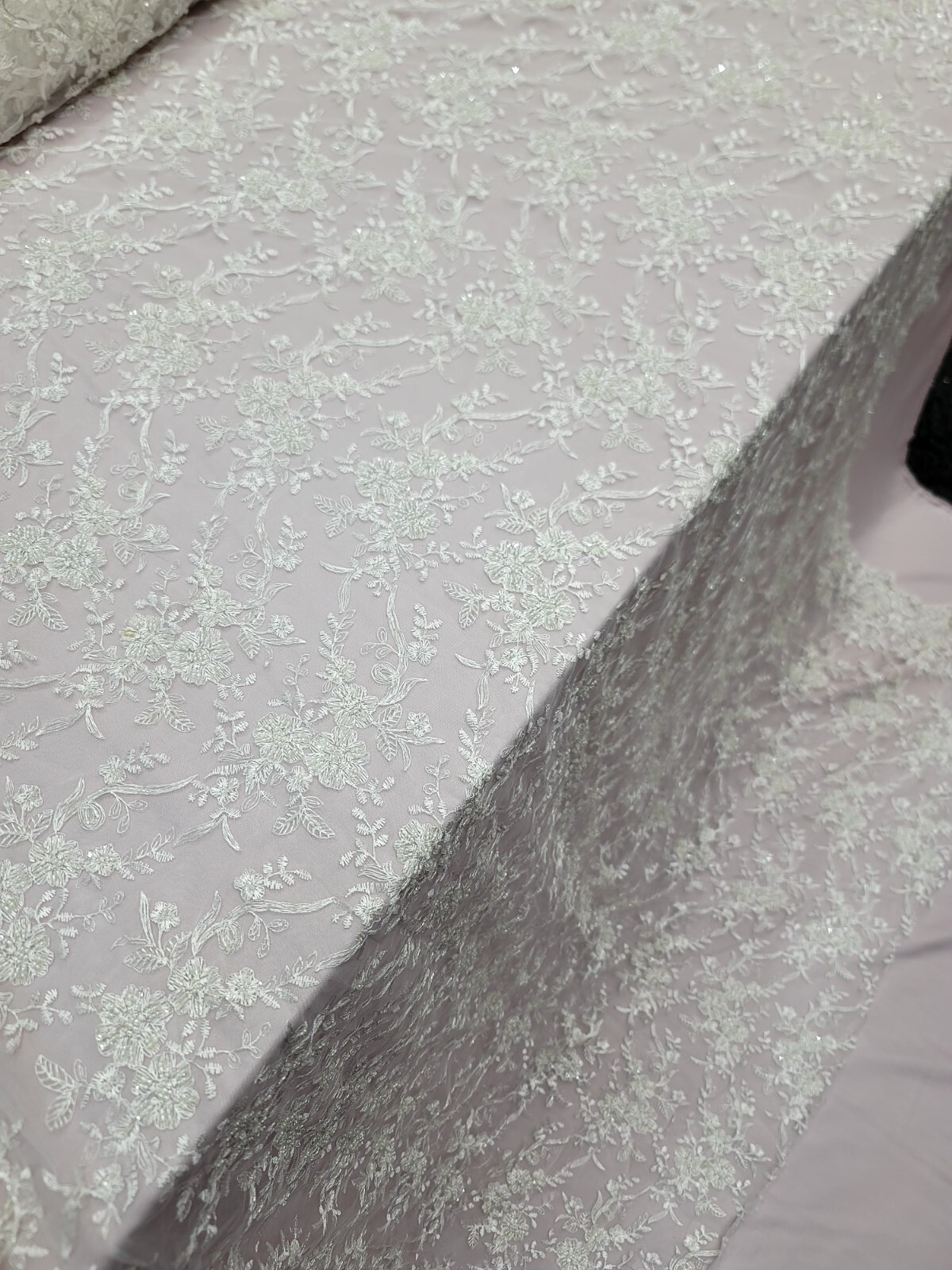OFF WHITE Beaded Embroidery Bridal Lace Fabric By The Yard Wedding Fabric Scallo