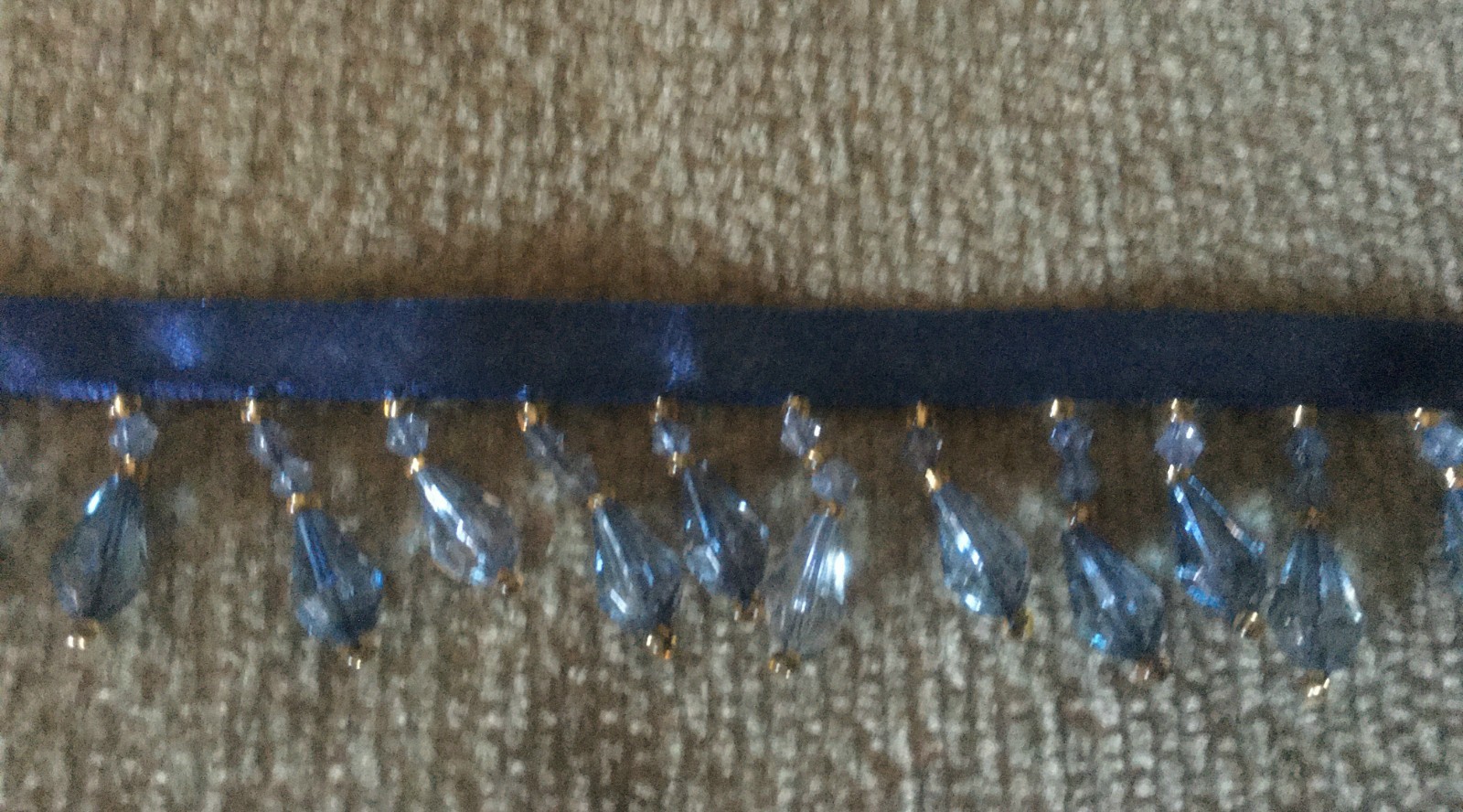 5 YARDS ROYAL BLUE BEADED FRINGE TRIM ON A .375″ SATIN RIBBON 1.125″ LONG