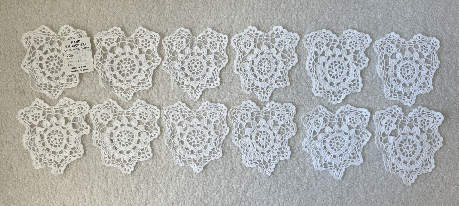 4 Inch White Heart Shapes Crochet Lace Doilies 12 Count