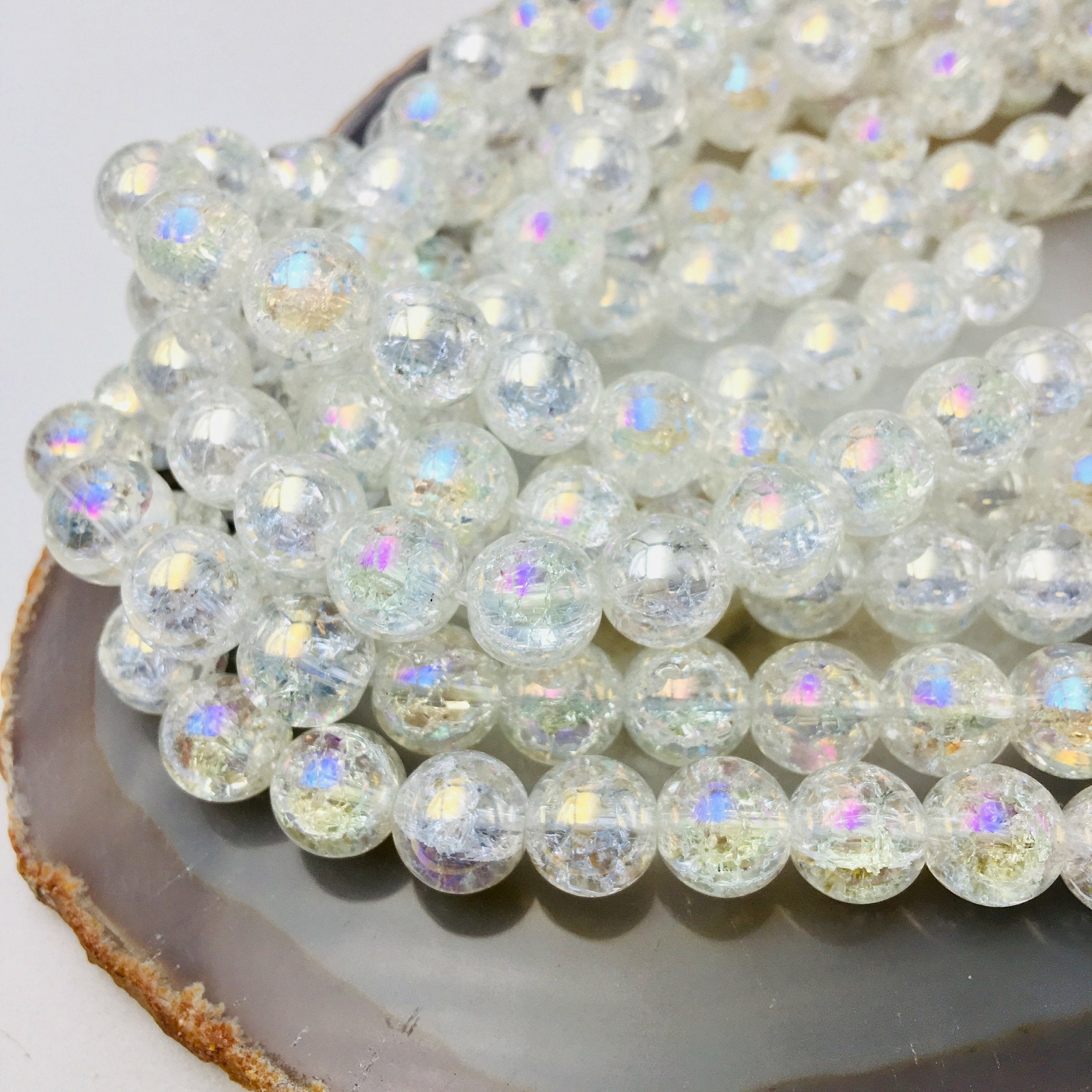 AB Coated Crackle Quartz Crystal Smooth Round Beads 6mm 8mm 10mm 15.5″ Strand