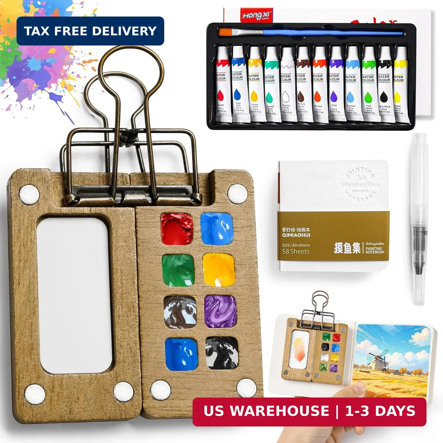 Mini Watercolor Paint set, Portable Watercolor Paint Travel Set, 12 Color Pocket