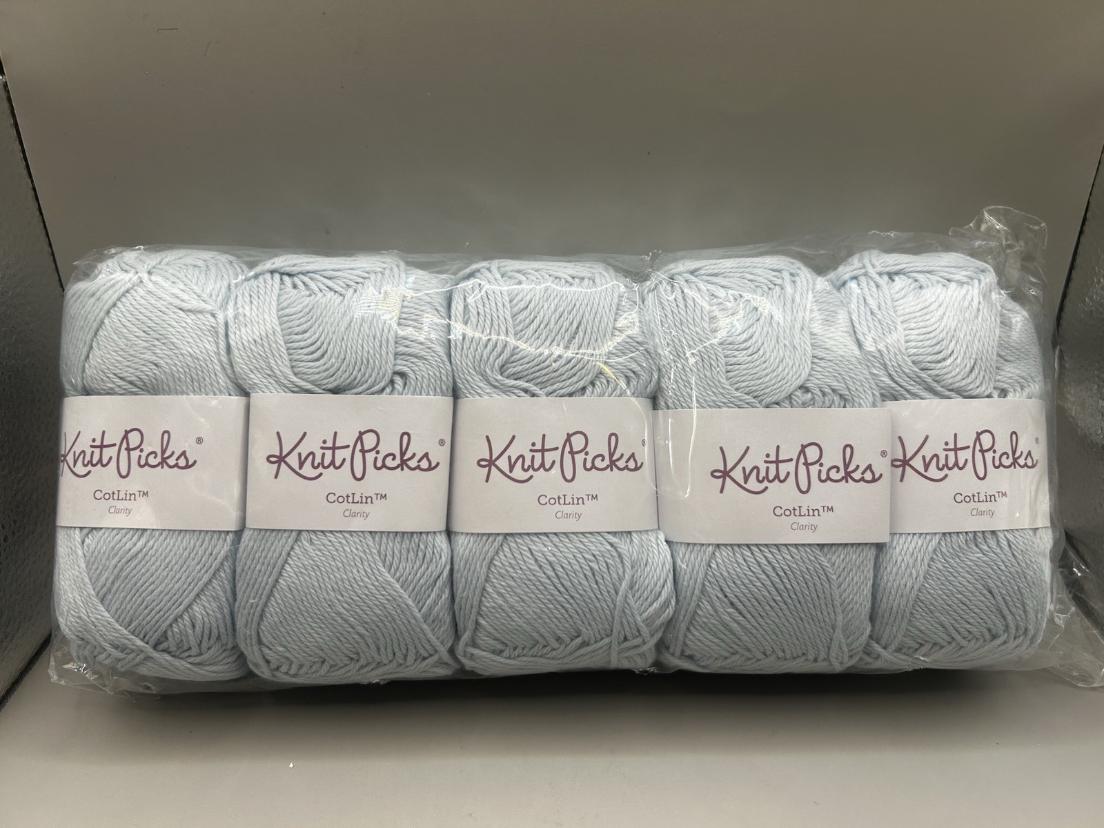 Lot of 10 Skeins of Knit Picks CotLin Yarn in Clarity (same dye lot), Light Blue
