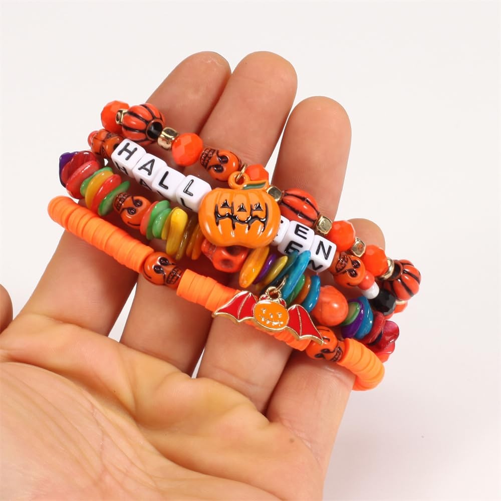 Halloween Bracelet Set Stack Spooky BOO Vinyl Disc Bead Artificial Crystal Stret
