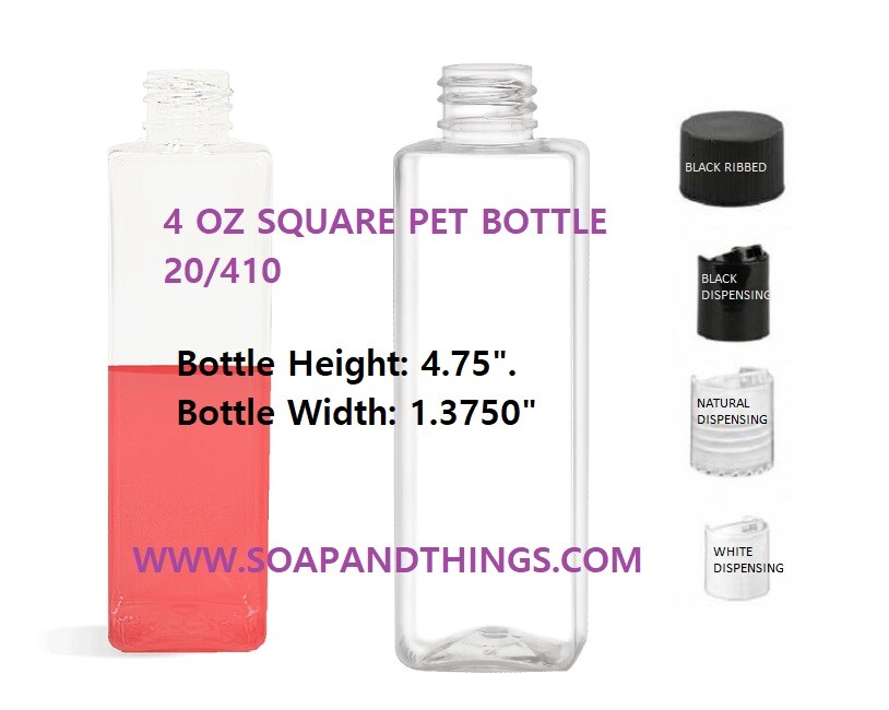 4 oz CLEAR SQUARE Plastic Bottle -PET- 12 bottles & NATURAL DISC Lids free shipp
