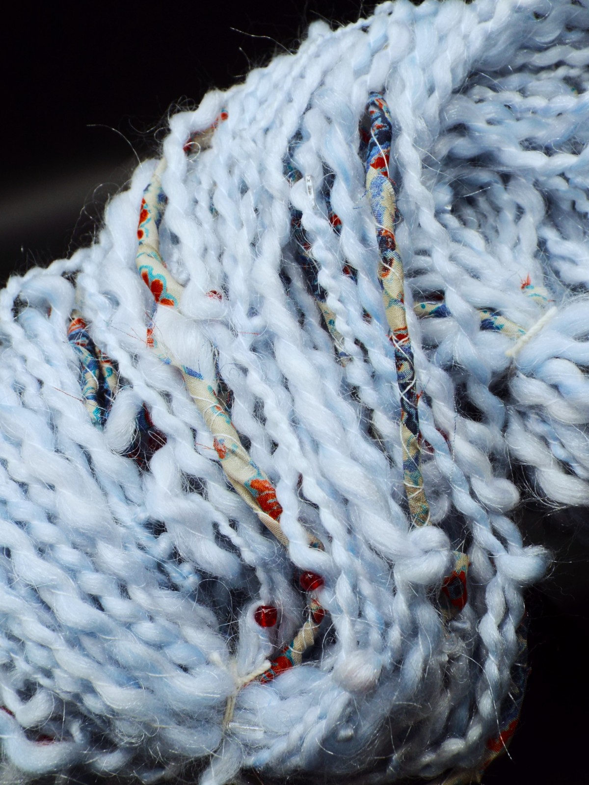 Light Blue ~ Red Beads ~ Silver Bugle Beads ~ Wool& Acrylic ~ Silk Fabric