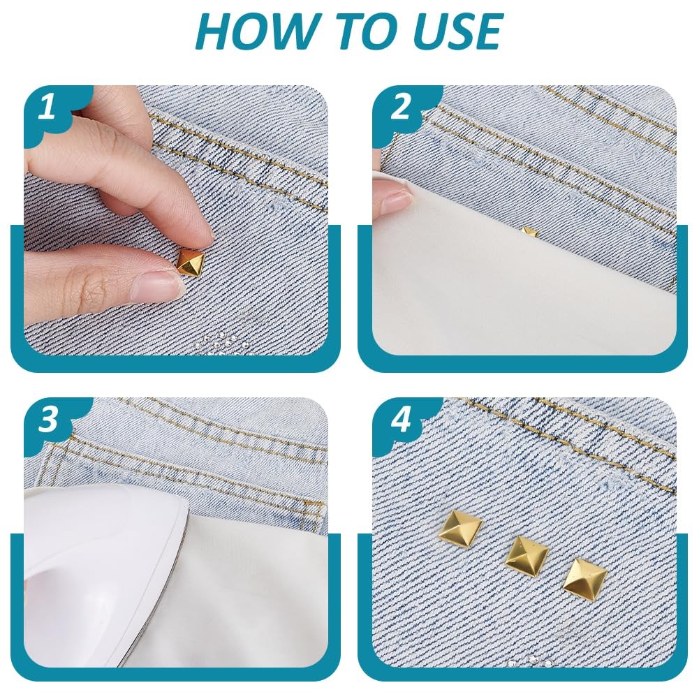 400Pcs Flat Back Pyramid Studs Glue on Metal Studs, 4 Colors Hotfix Iron on Rive