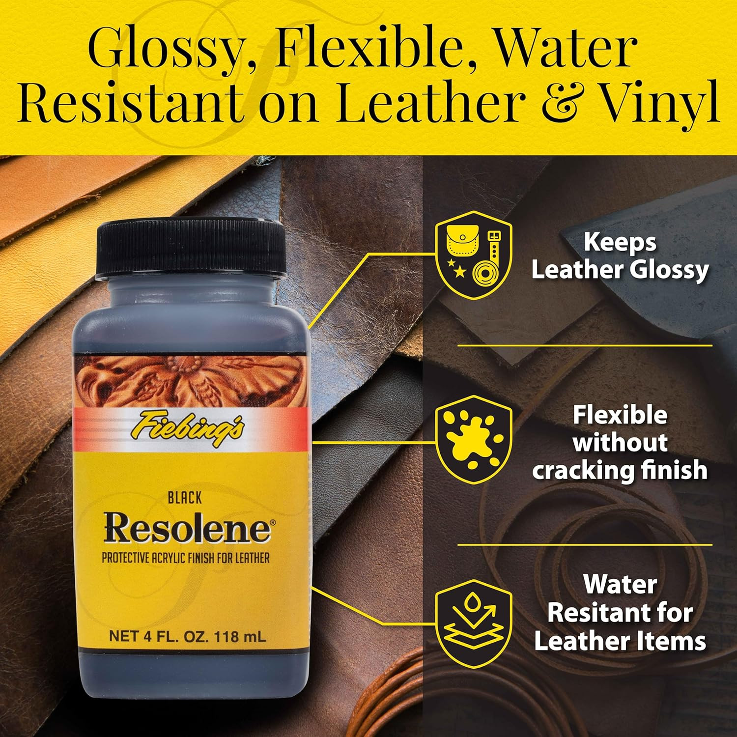 Acrylic Leather Finisher Black 4 oz Water Resistant Flexible Gloss Top Coat