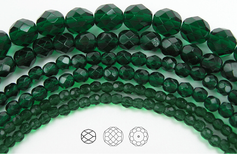 Czech Fire Polished Round Faceted Glass Beads in Medium Emerald, 16″ green