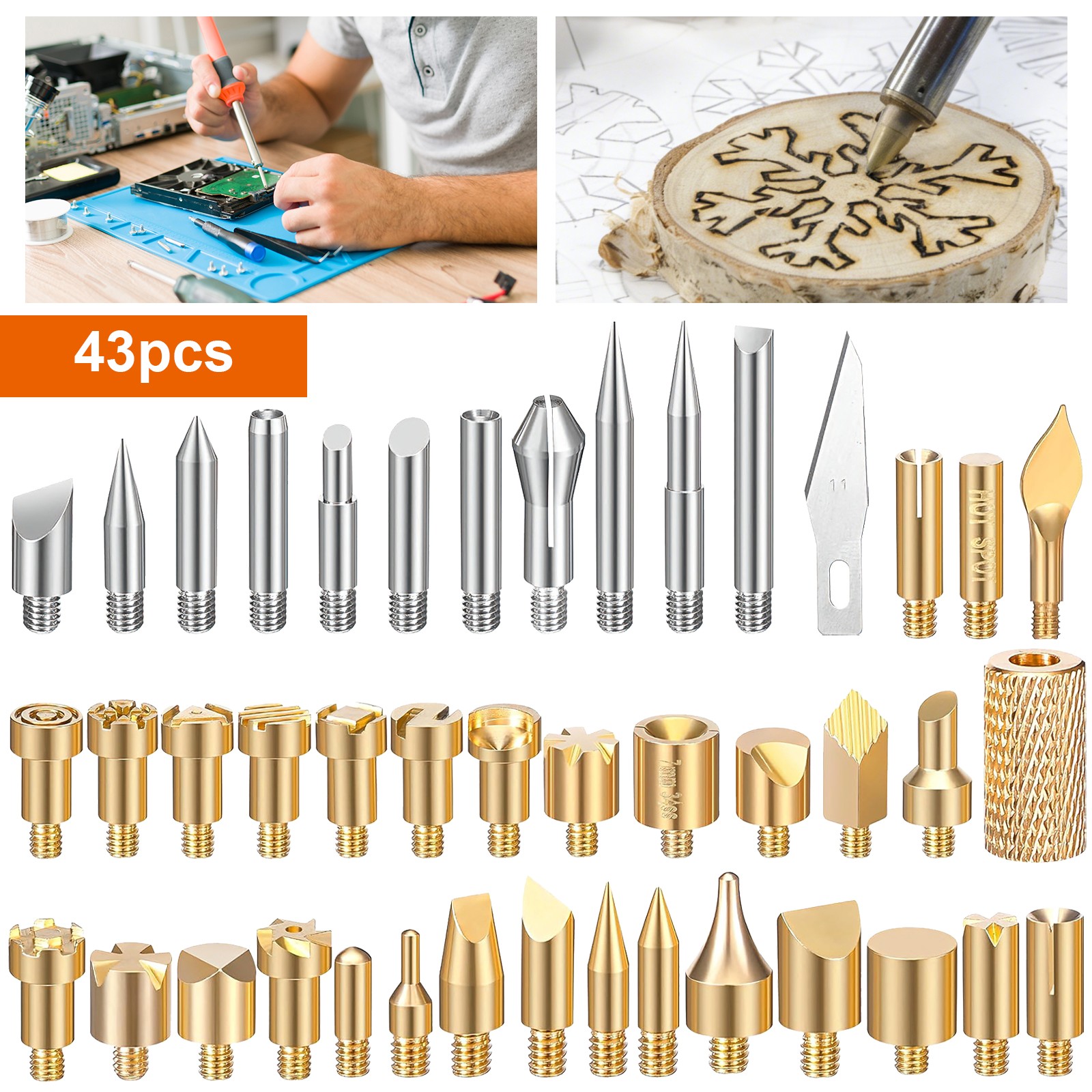 43Pcs Brass Pyrography Tips Wood Burning 3D Print Smoothing Soldering Embossing