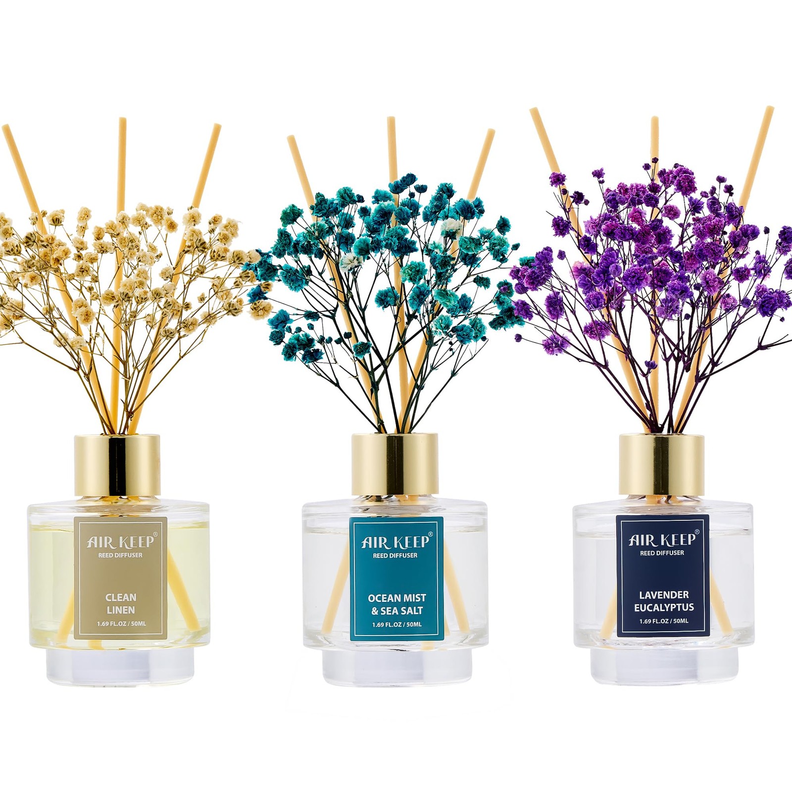 Airkeep Reed Diffuser Set of 3,Clean Linen Ocean 1.69 Ounce*3 pack, Green