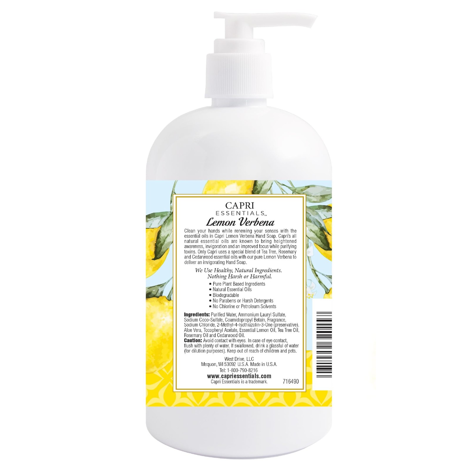 CAPRI ESSENTIALS Hand Soap Liquid, 16 Fl Oz (Pack of 1), Lemon Verbena