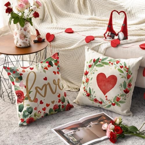 Valentine’s Day Love Heart Throw Pillow Covers, 18 x 18 18″ x 18″ (Pack of 4)