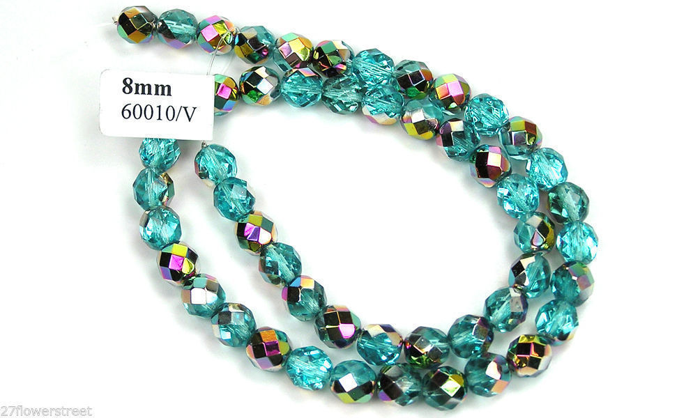 Czech Glass Fire Polished Round Faceted Beads blue Aqua Vitrail coated 16″strand