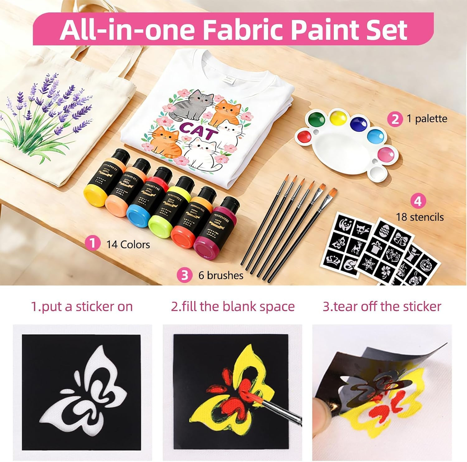 Permanent Fabric Paint, 14 Colors Soft Fabric Paint in Bottles (30Ml/1Oz) with B