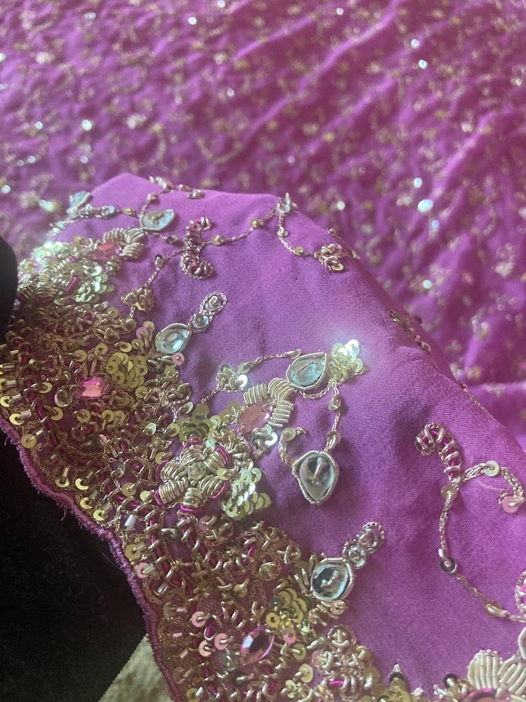 Vintage Indian Orchid Lavender Scarf Zardozi Gold Sequin Kundan Dupatta 100×44