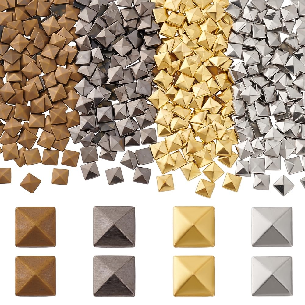 400Pcs Flat Back Pyramid Studs Glue on Metal Studs, 4 Colors Hotfix Iron on Rive