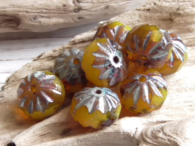 15 – 10x7mm CZECH YELLOW OPALINE BUTTERSCOTCH PICASSO FACETED CRULLER GLASS BEAD