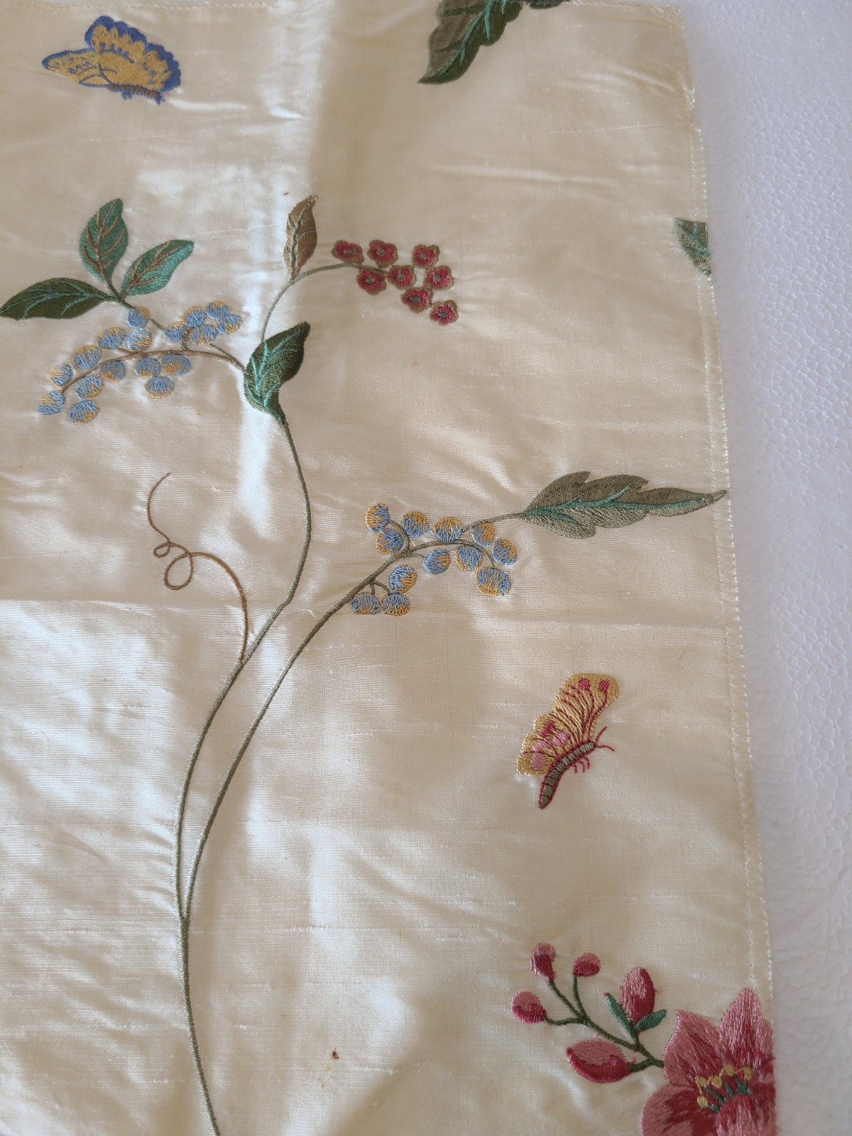 Designer Fabric Silk Samples Floral Butterfly Embroidered Cream Green Rose India