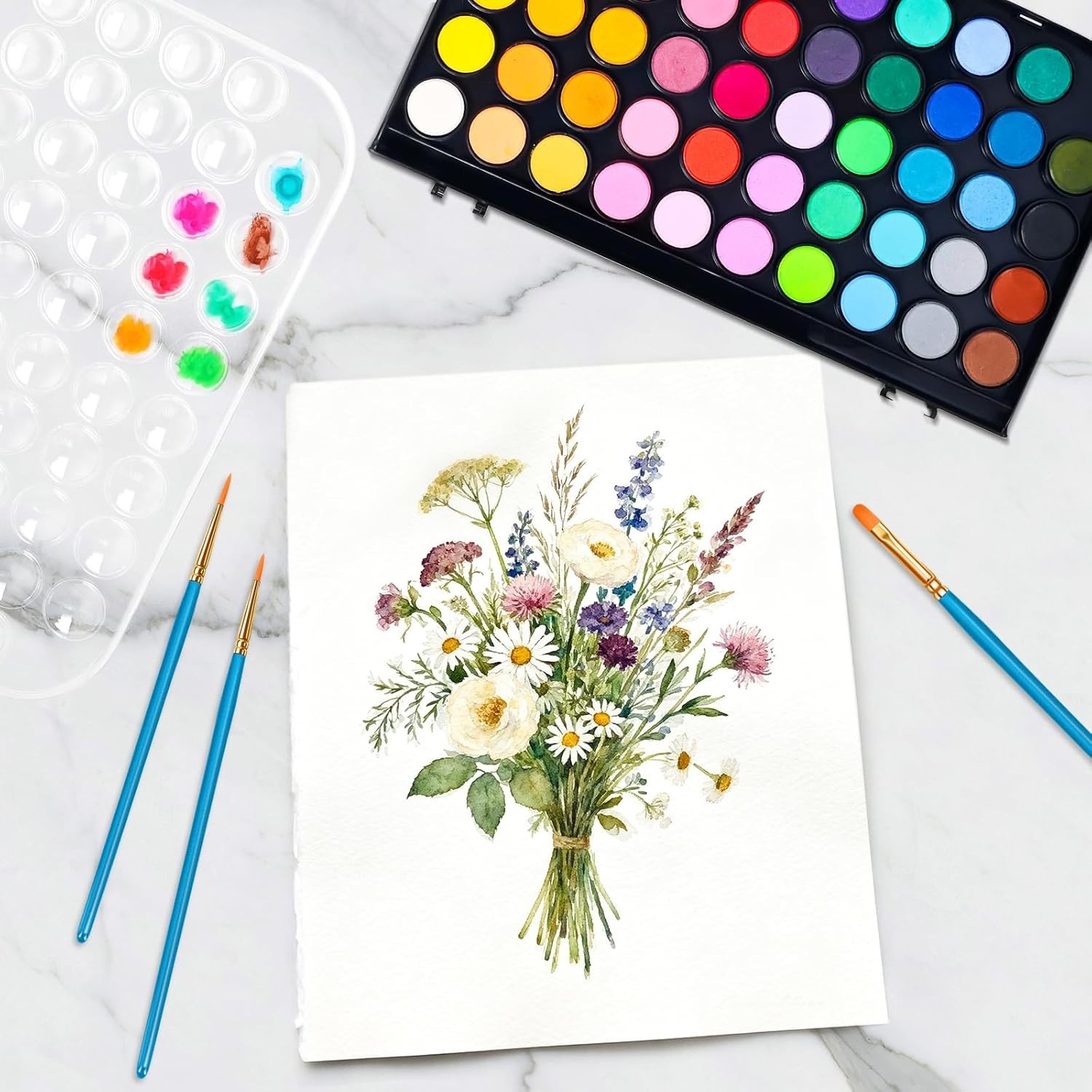 48 Color Solid Watercolor Paint Set with 3 Wooden Brushes Non Toxic Vibrant