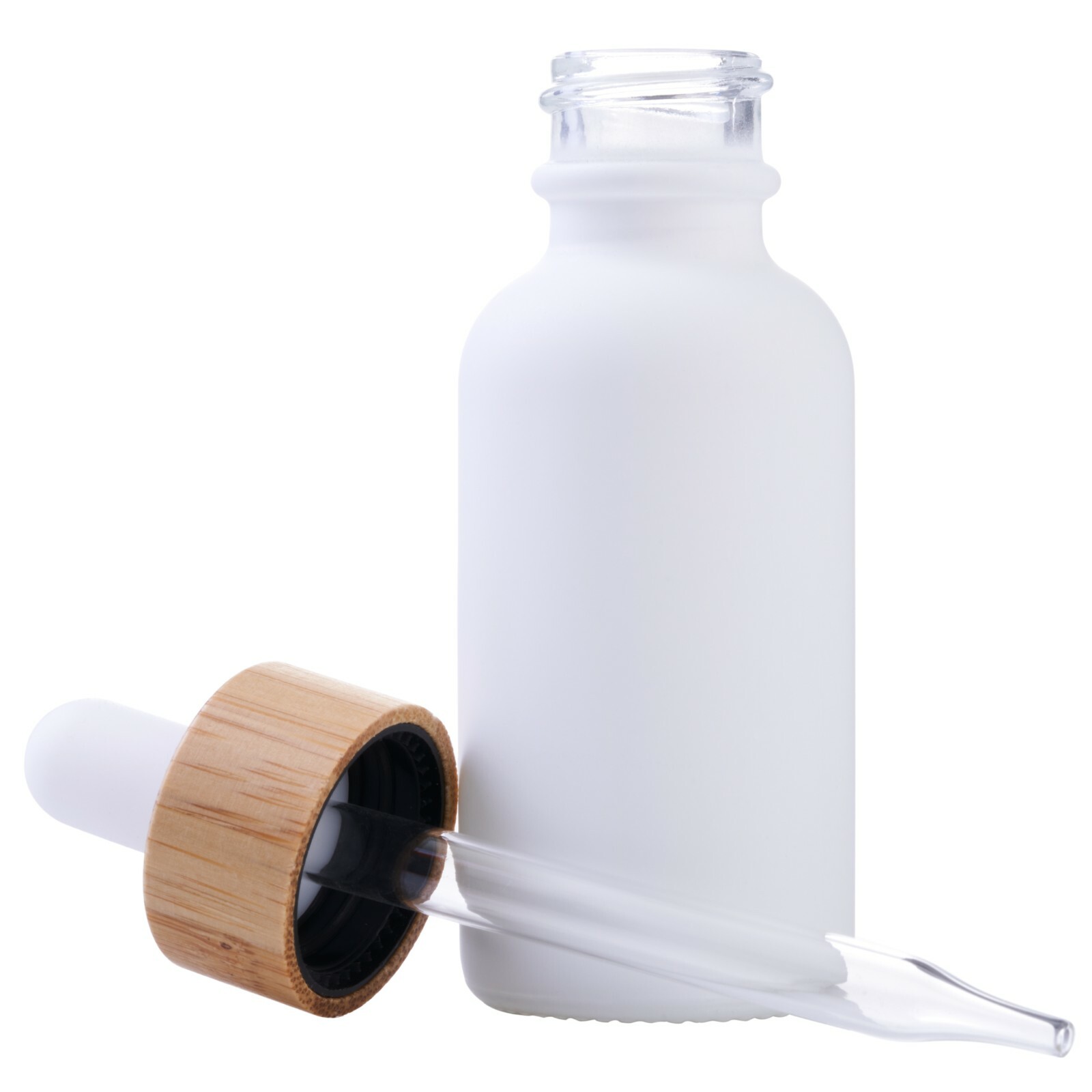 Clear Frosted Boston Round Glass bottles White Bamboo Cap 1 oz / 30 ml 24 Pack