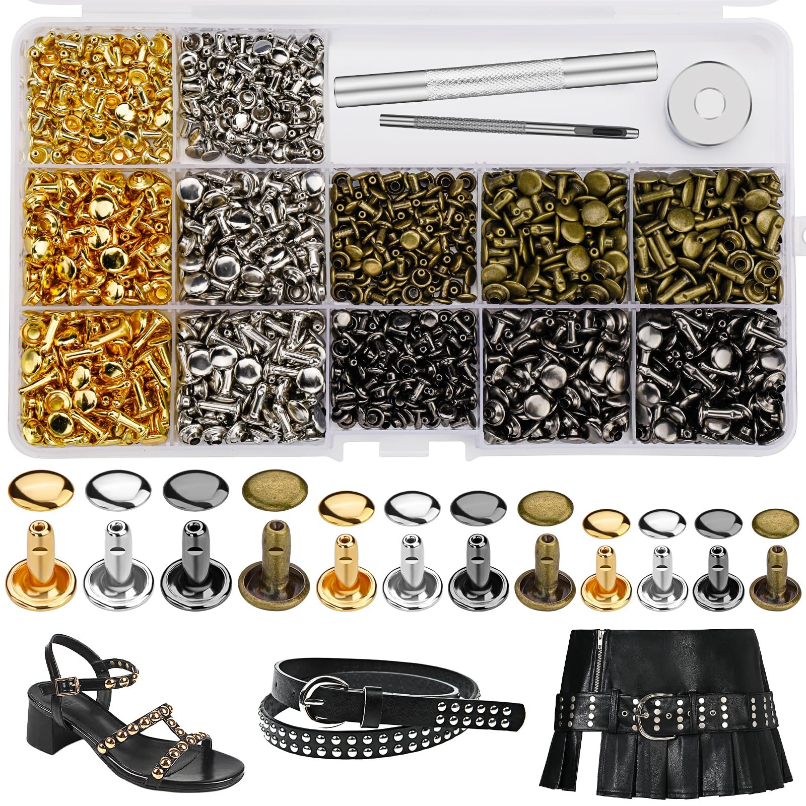 540 PCS Leather Rivets Double Cap Kit, 3 Sizes, 4 Colors, Includes Tools