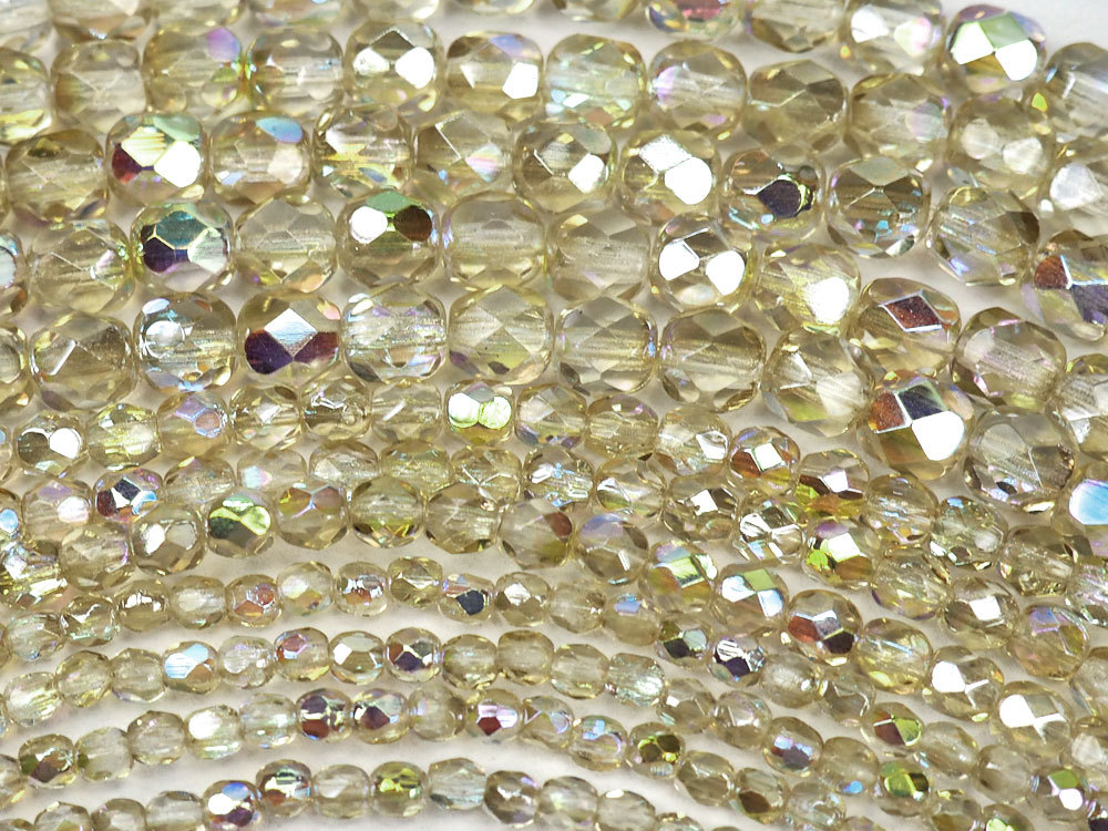 Czech Glass Fire Polished Round Beads, Crystal Lemon Rainbow 3mm, 4mm, 6mm