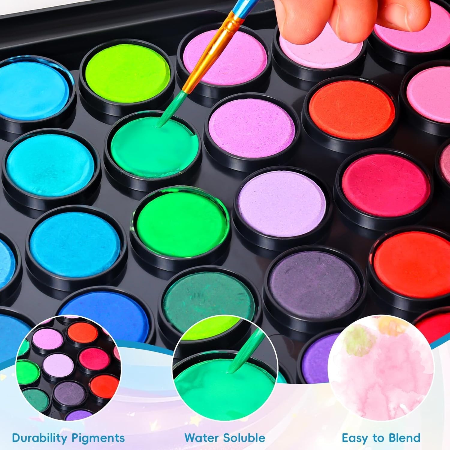 48 Color Solid Watercolor Paint Set with 3 Wooden Brushes Non Toxic Vibrant
