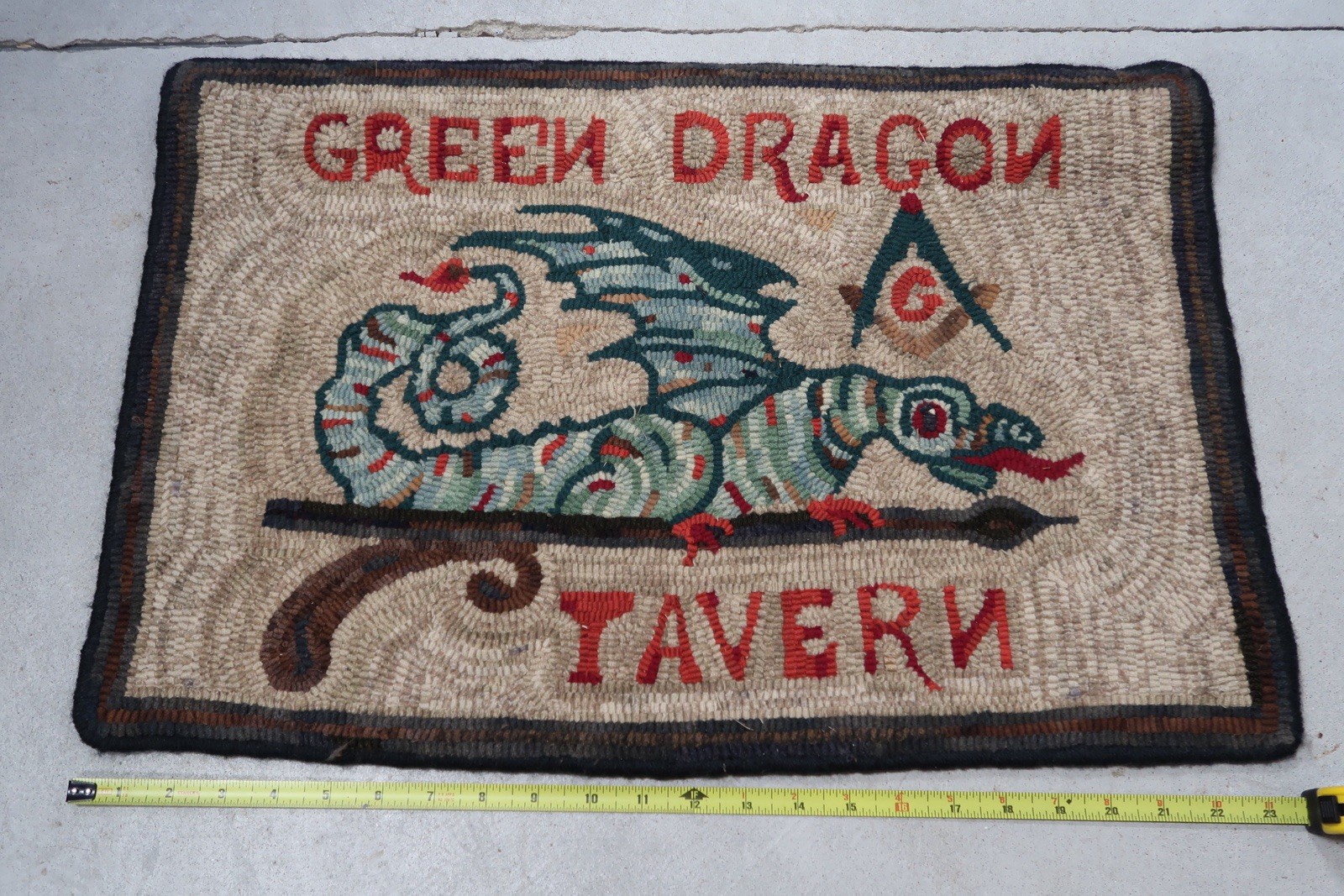Hand Hooked Wool Rug Green Dragon Tavern Boston Tea Party Masonic Folk Art A3