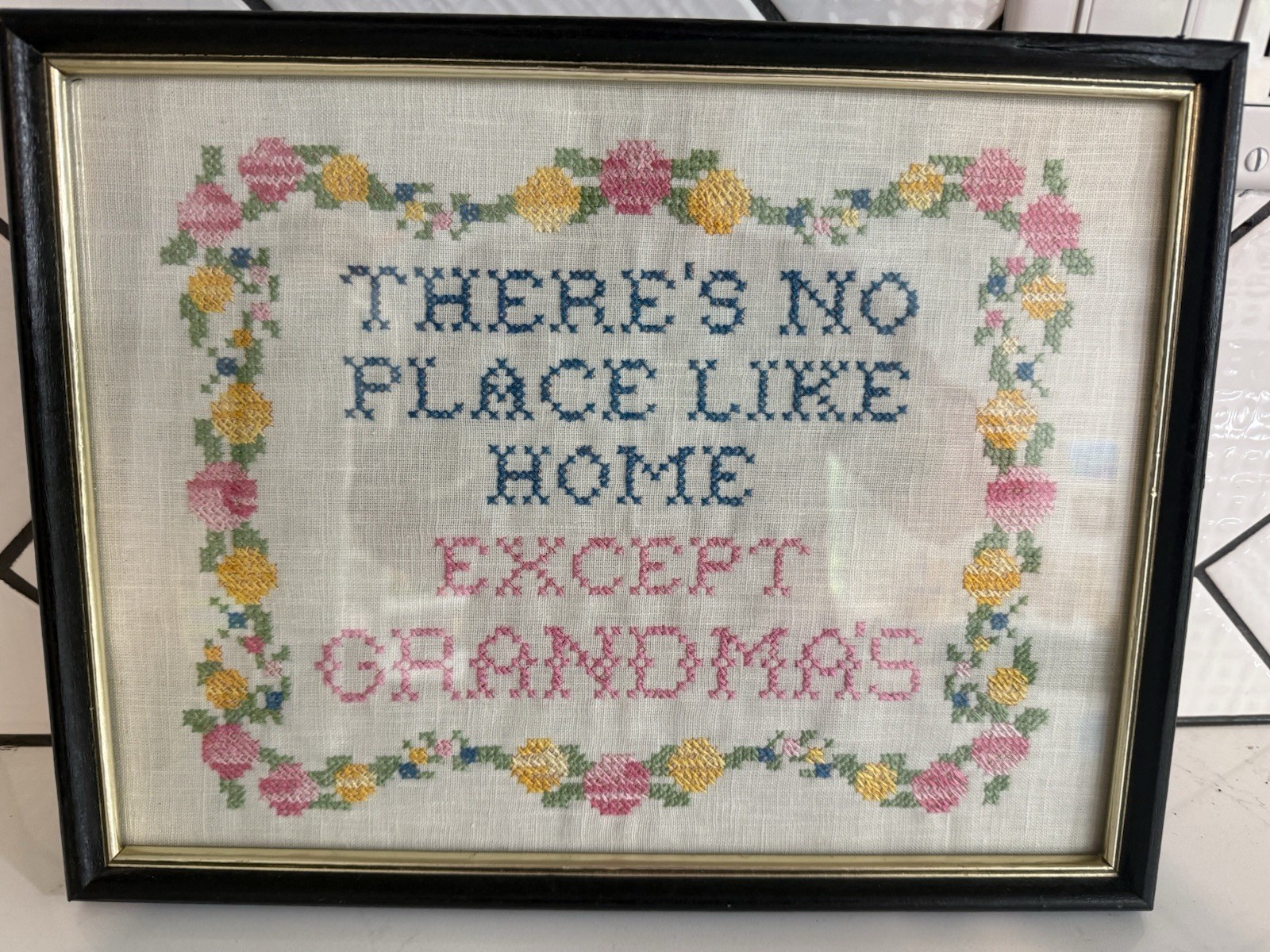 “THERE’S NO PLACE LIKE HOME EXCEPT GRANDMA’S” Framed Finished Cross Stitch