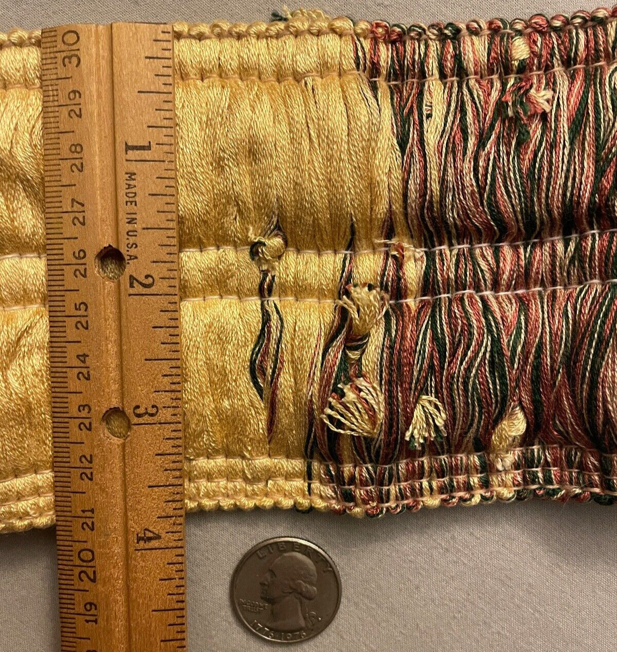 2-TONE FRINGE LOT, 2 pcs. YELLOW/MULTI 1¾” x 15″ (30″); 1¾” x 1 yd – Flaws – #50