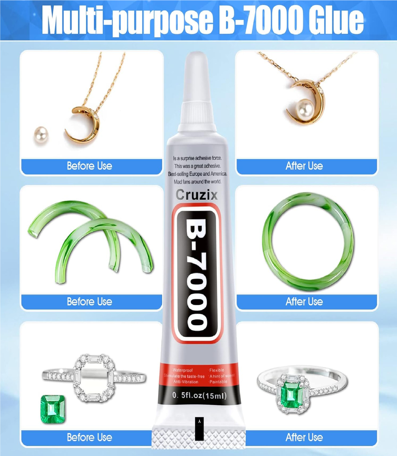 B-7000 Glue Clear for Rhinestone Crafts, Jewelry and Bead 4×15 ML/ 0.5 oz