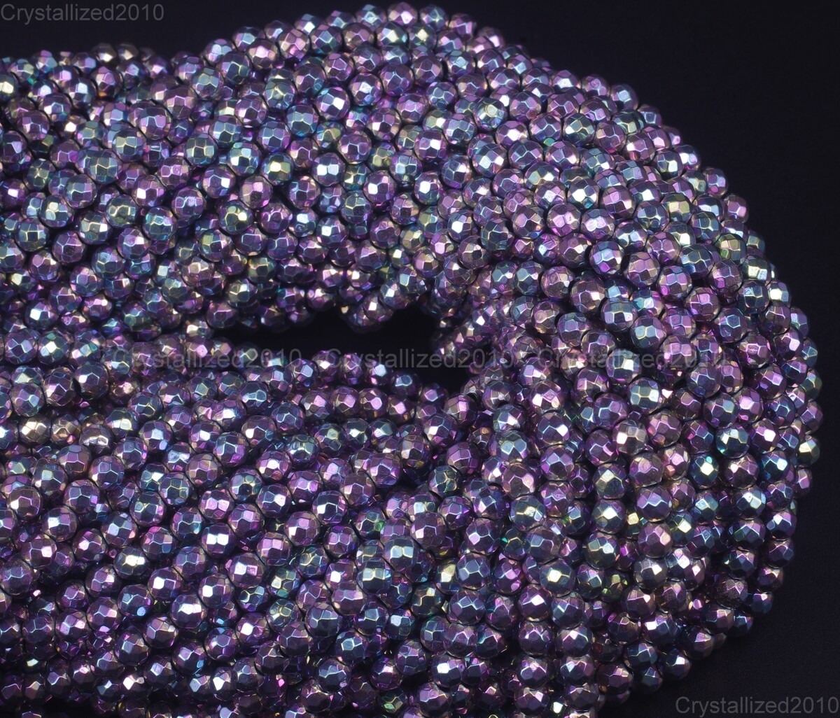 Angel Aura Hematite Gemstone Faceted Round Beads 2mm 4mm 6mm 8mm 10mm 12mm 15.5″