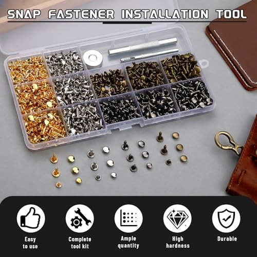 540 PCS Leather Rivets Double Cap Kit, 3 Sizes, 4 Colors, Includes Tools