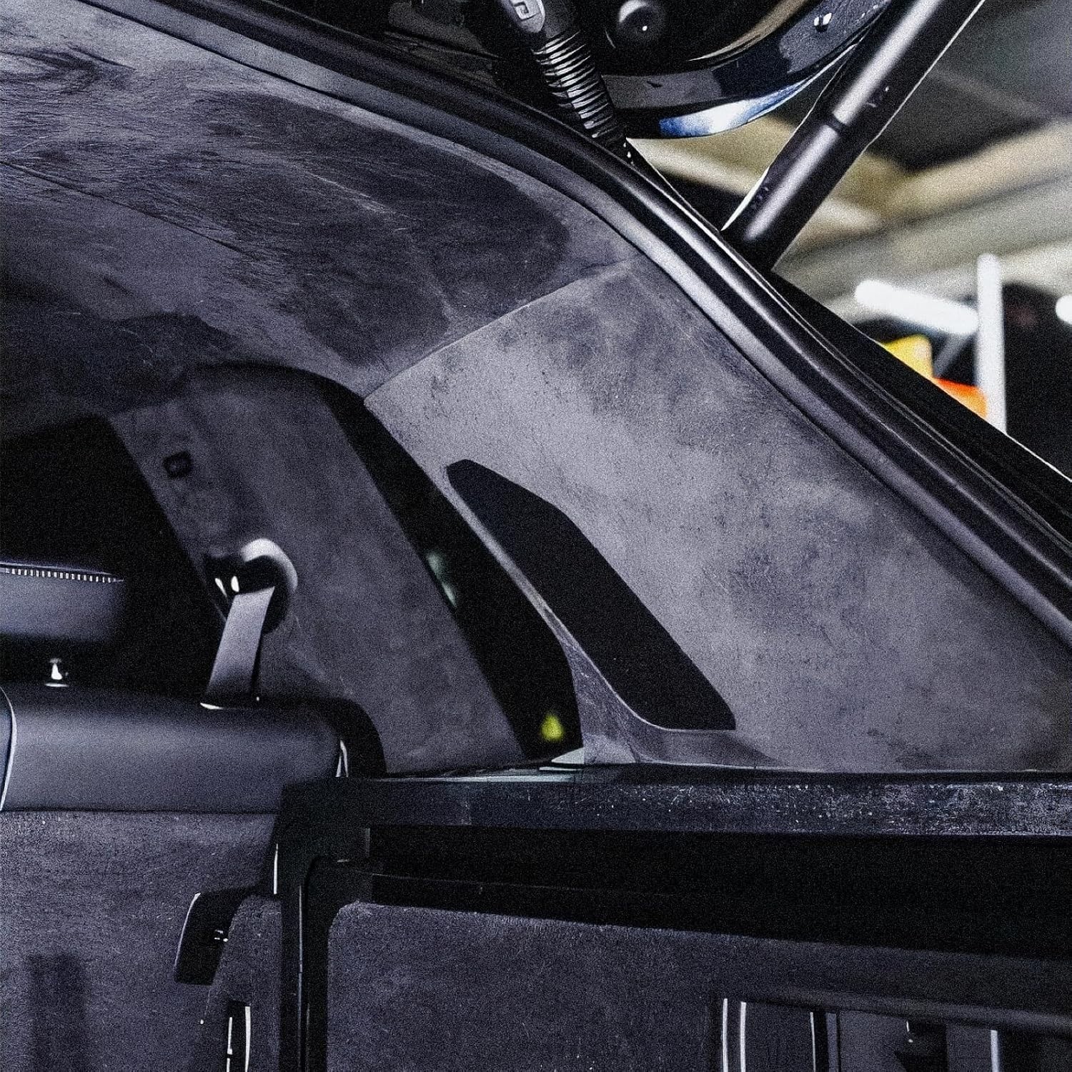 “Black Suede Headliner Material with Foam Backing for Vehicle Roof Replacement”,