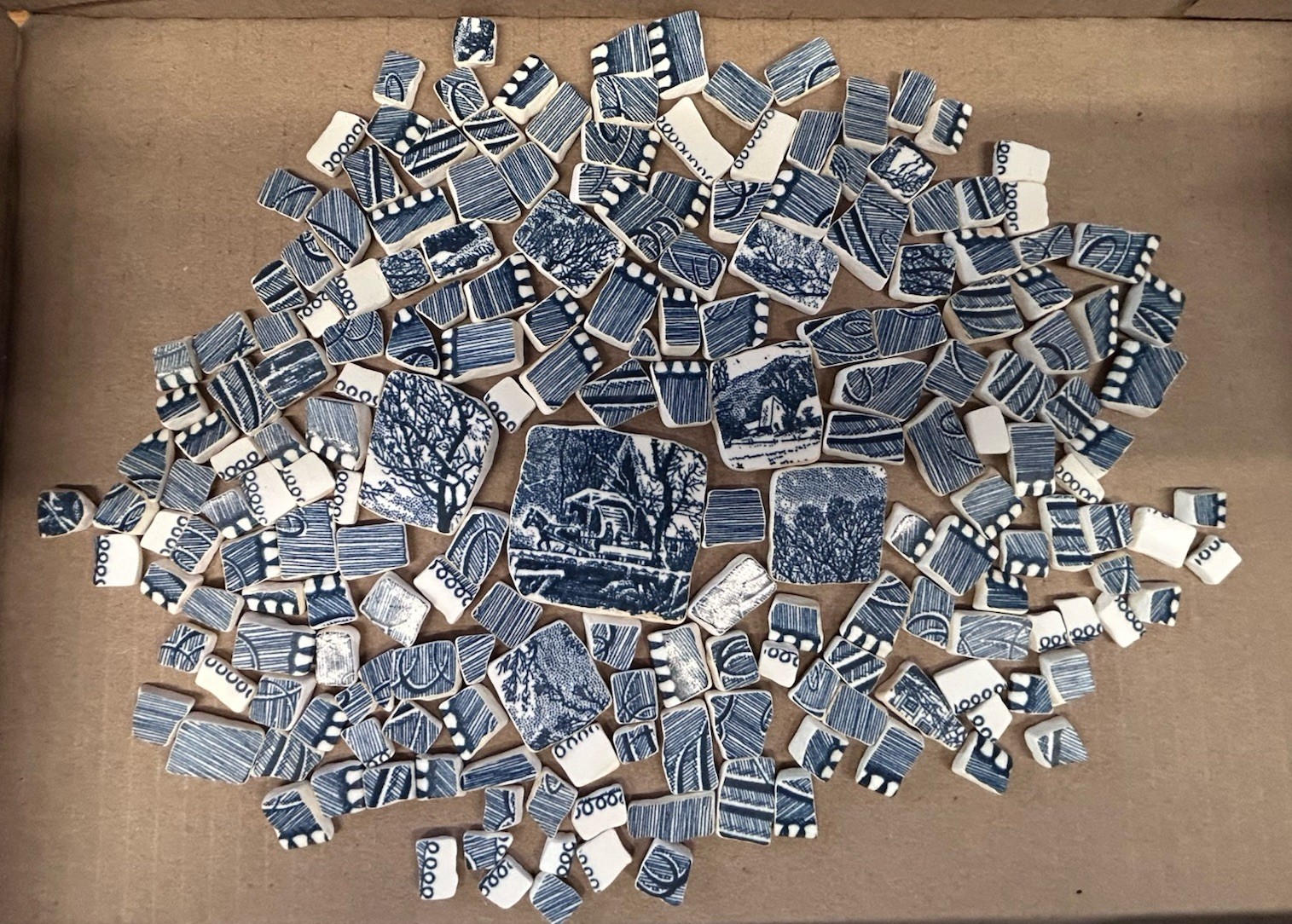 Broken China Hand Cut Plate TUMBLED Mosaic BLUE Currier & Ives