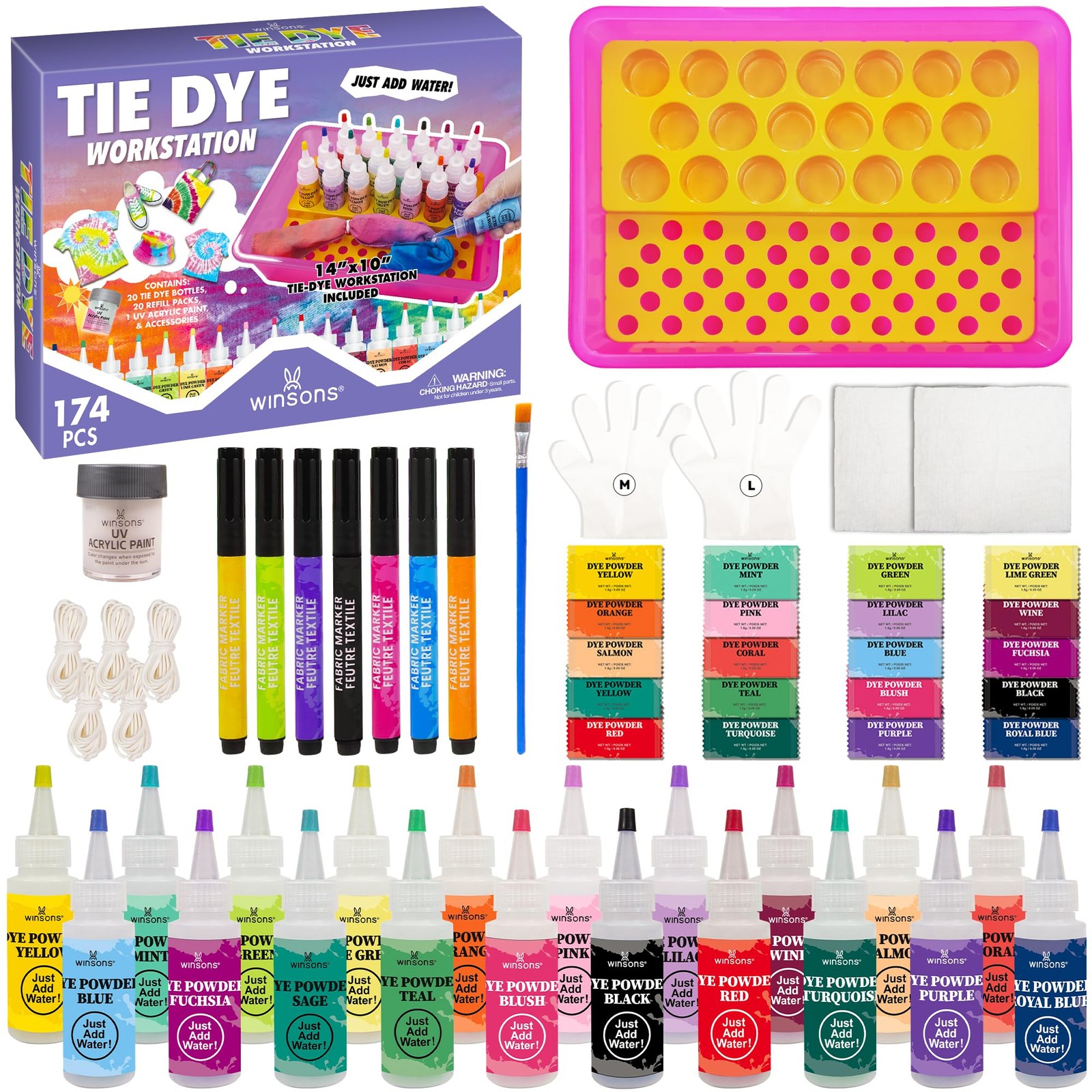 Tie Dye Kit 174pcs 20 Colors Set With Bottles Fabric Markers Party