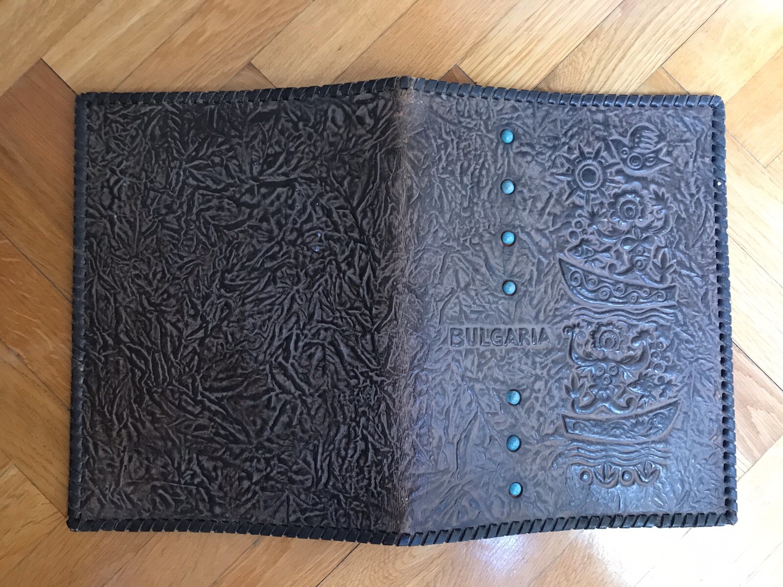 1940’s Vintage “Bulgaria” tooled leather folder/ portfolio Pottery stone