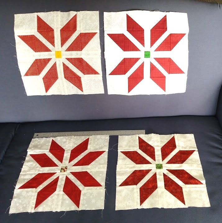 Lot 8 completed 12 x 12 PIECED STAR QUILT BLOCKS red on white, fabric varies