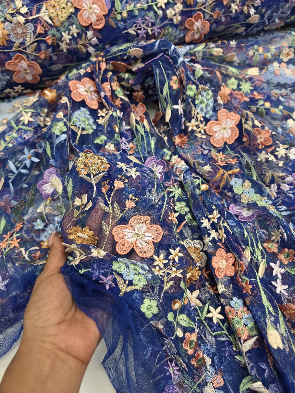 Royal Blue Lace Fabric Sold By The Yard Multicolor Embroidery 3d Floral