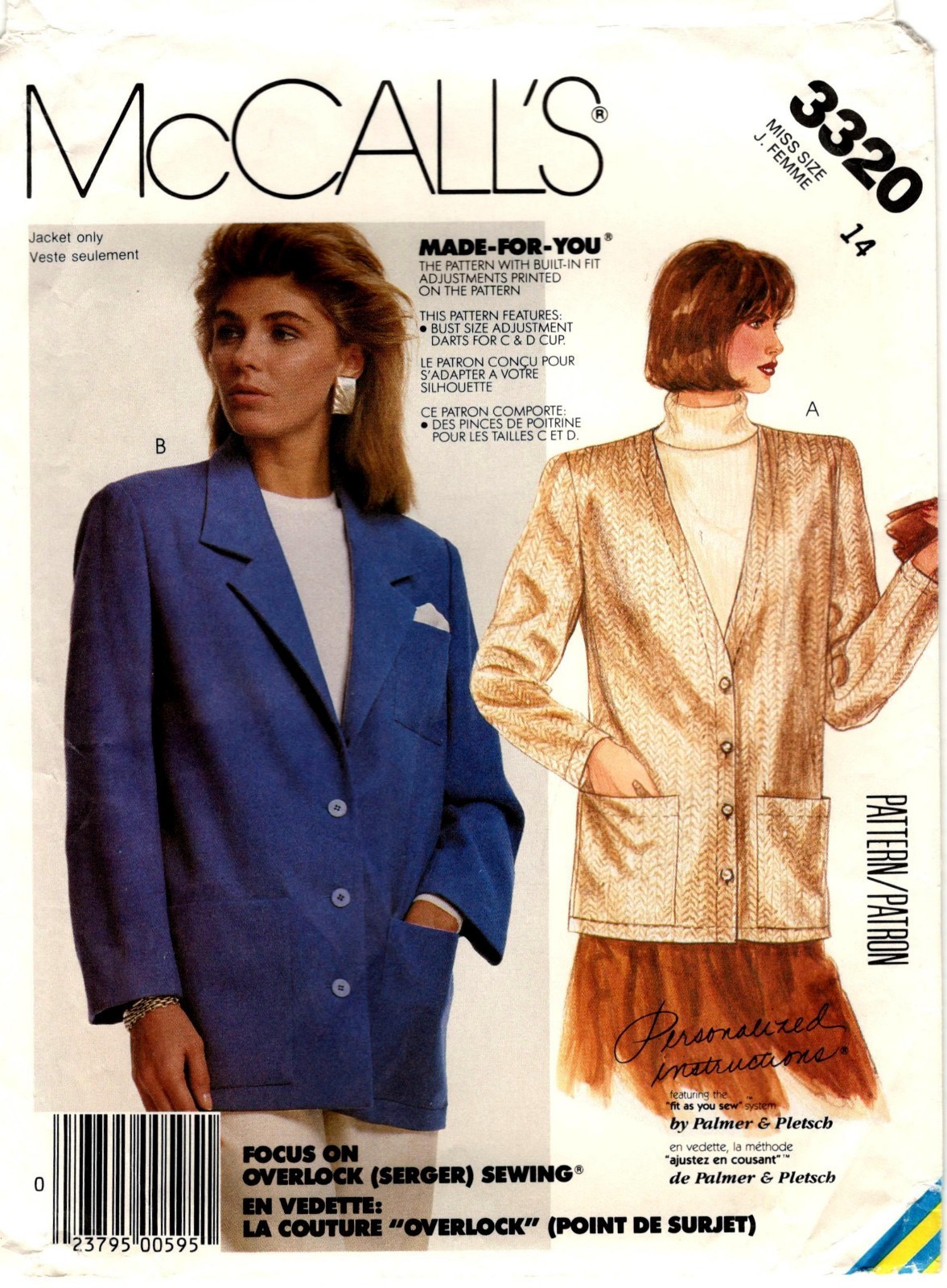 McCall’s 3320 Vintage 1987 Jacket Misses Sewing Pattern Uncut Size 14