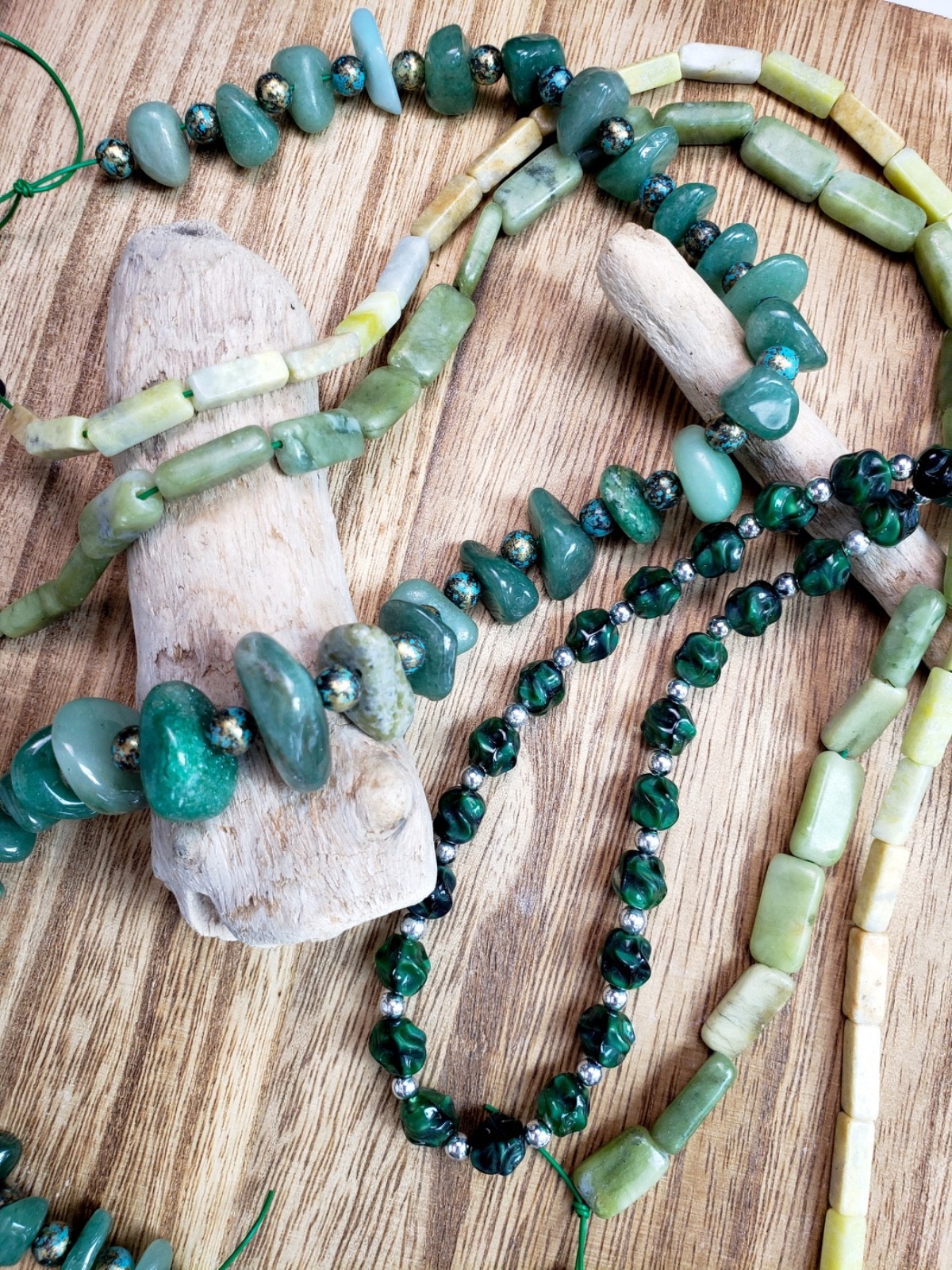 natural stone & glass beads, green hues, 15″ strands x4, jewelry, craft, hobby