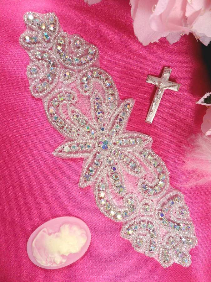 XR14 Priscilla Aurora Borealis Crystal AB Beaded Rhinestone Applique 7.5″