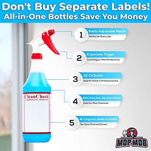 Extra Safe, Bilingual MSDS Spray Bottles 3 Pack. Large, Empty 32 Oz Bottle