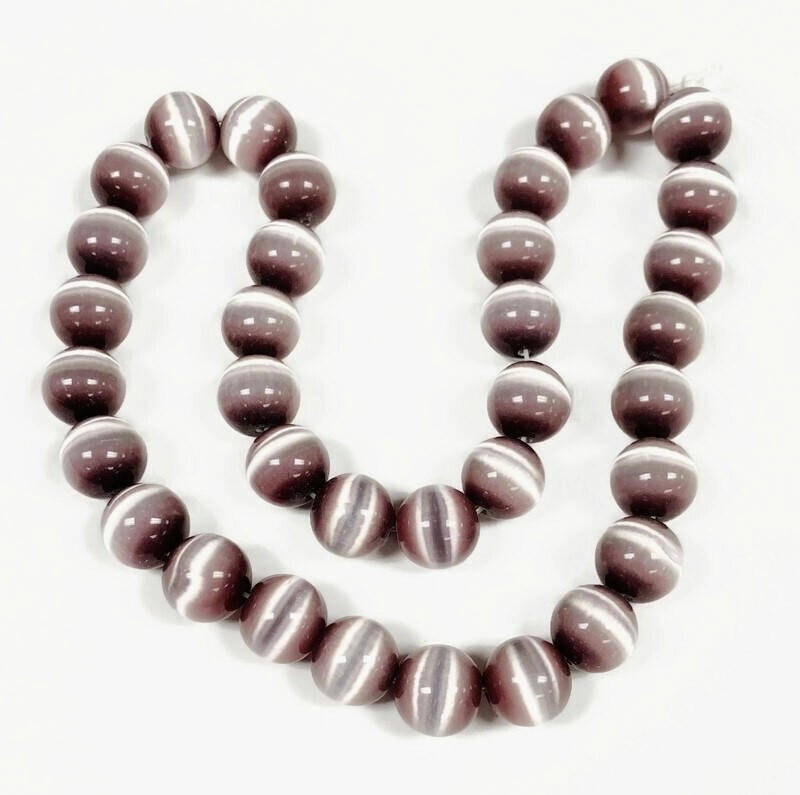 30 Cat’s Eye Fiber Optic Glass Light Amethyst 12mm. Smooth Round Beads 2621