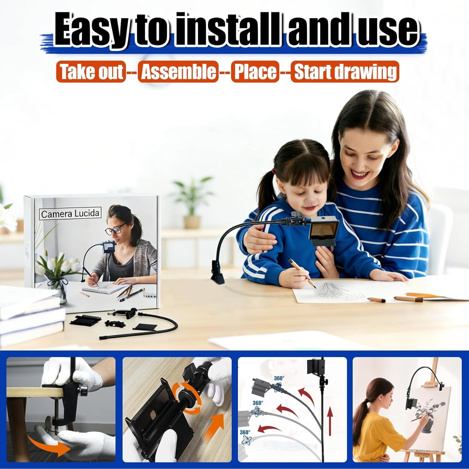 See-Through Camera Lucida Drawing Tool, Optical Drawing Aid 360° Adjustable