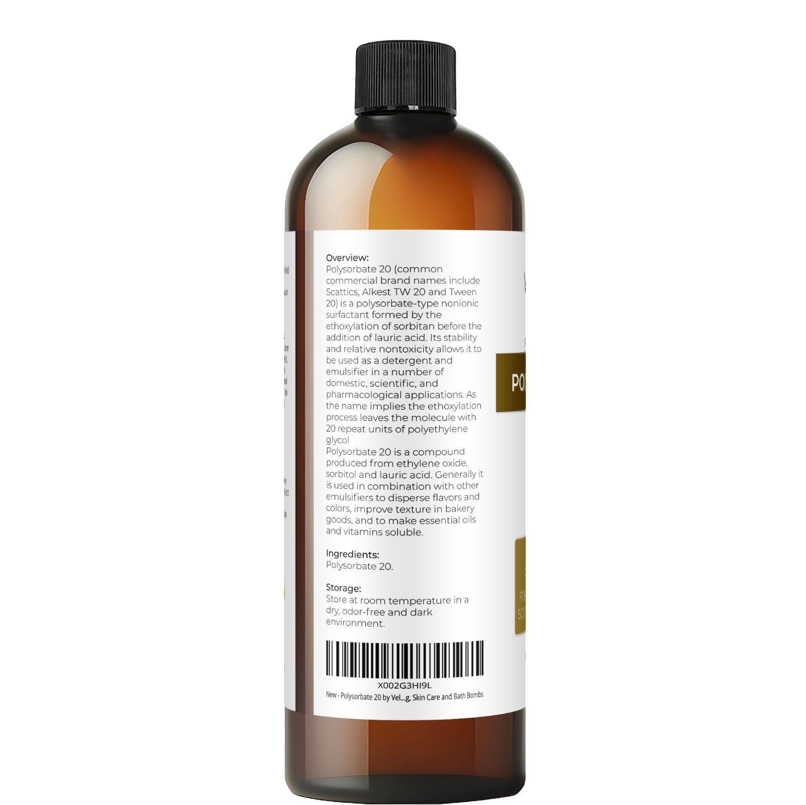 Polysorbate 20 by Velona – 16 oz Solubilizer, Food Cosmetic Grade Cooking, Bath