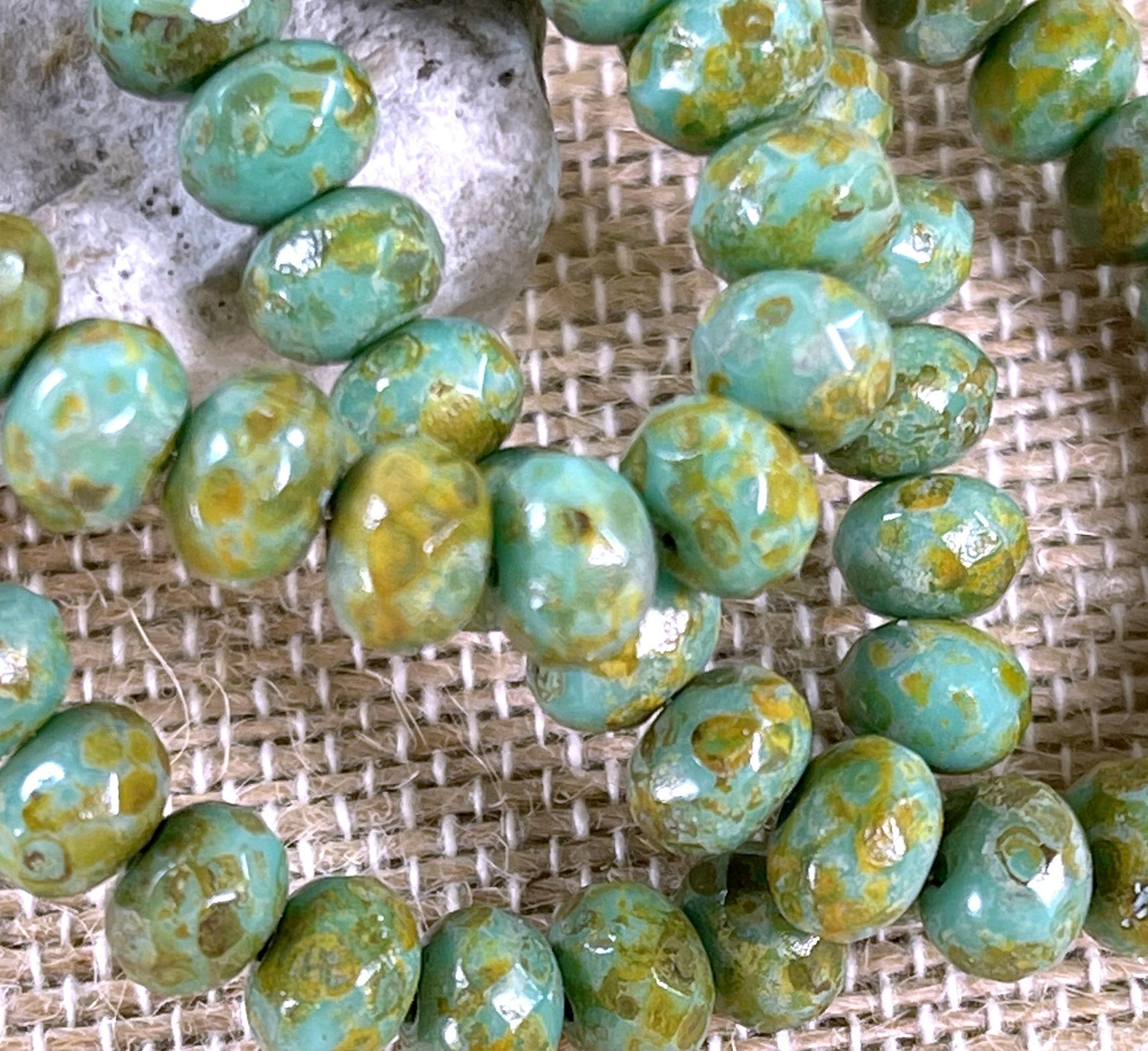 Preciosa Faceted Glass Rondelle Beads, 7x5mm, Sea Green w/Picasso Finish, 25 Pcs