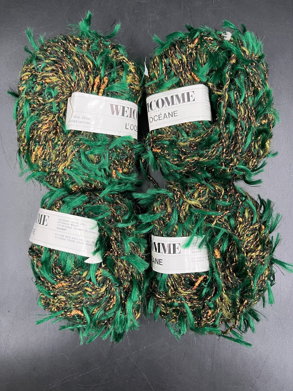 4 Vintage Yarn Welcomme L’Océane Mohair Blend Green & Gold Yarn Paris